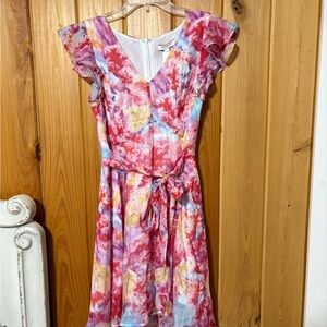 ANDREE BY UNIT Pink & Red Floral Tie-Waist Midi Dress